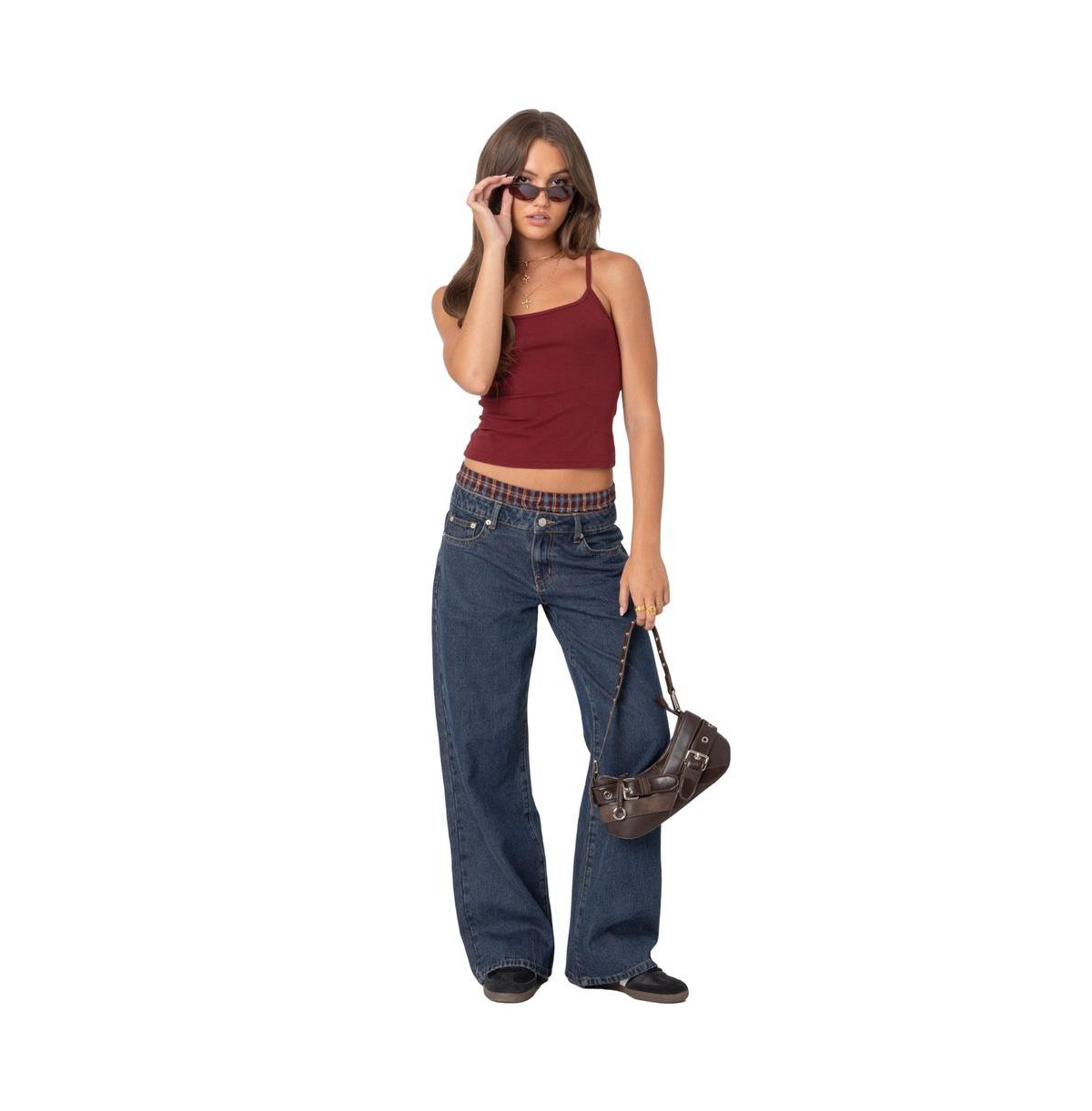 Edikted Women's Plaid Boxer Detail Relaxed Jeans