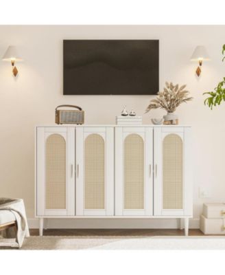 Sideboard Buffet Cabinet, 4 Rattan Doors Accent Storage Cabinet, Console Table Coffee Bar with Power Outlet, Adjustable Shelves for Dining Room, Kitchen, Hallway, Living Room, White_15 x 47.4 x 33.3 inches