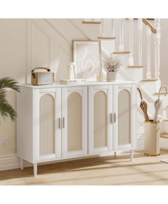 Sideboard Buffet Cabinet, 4 Rattan Doors Accent Storage Cabinet, Console Table Coffee Bar with Power Outlet, Adjustable Shelves for Dining Room, Kitchen, Hallway, Living Room, White_15 x 47.4 x 33.3 inches
