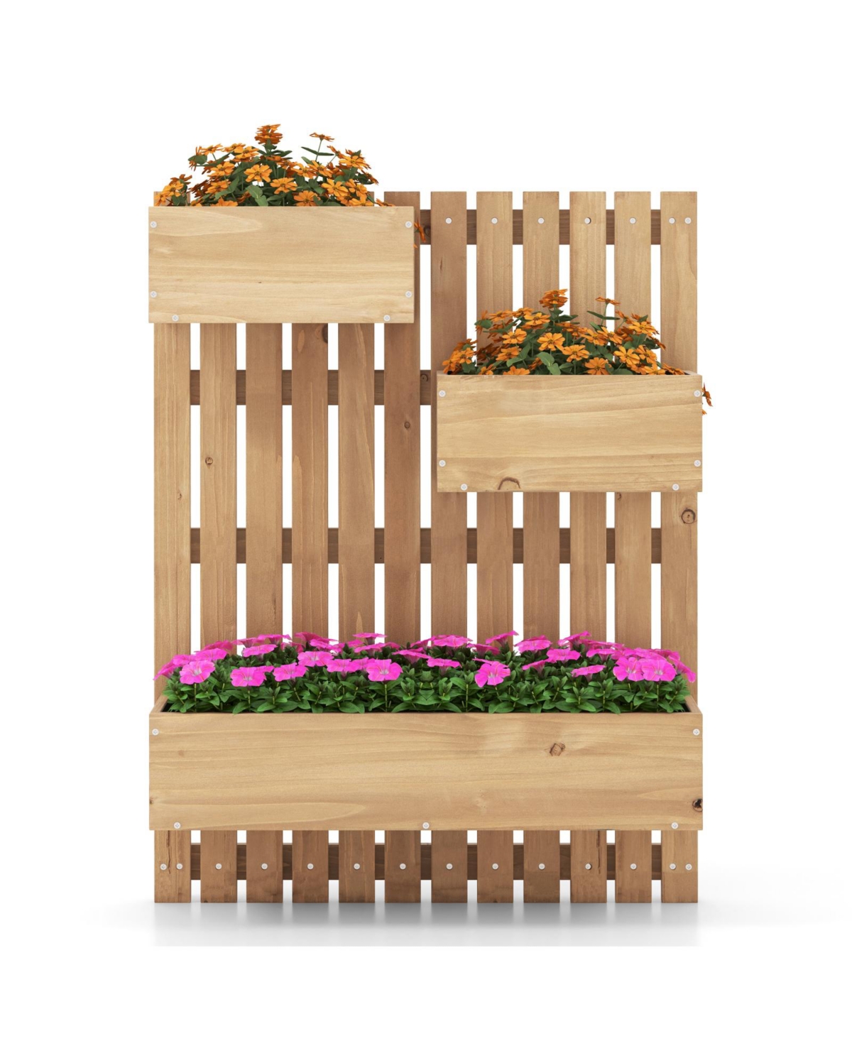 Givimo 3-Box Wooden Raised Garden Bed with Trellises and Fabric Liners- Natural