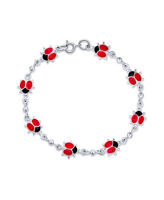 Good Luck Garden Lucky Multi Station Charms Enamel Red Ladybugs Charm Bracelet .925 Sterling Silver 7.5 Inch