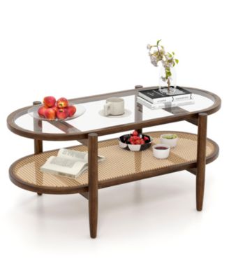 2-Tier Coffee Table with Tempered Glass Tabletop and Acacia Wood Frame