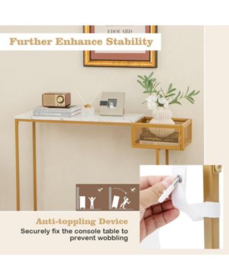 Rectangular White Faux Marble Console Table with Storage-Gold