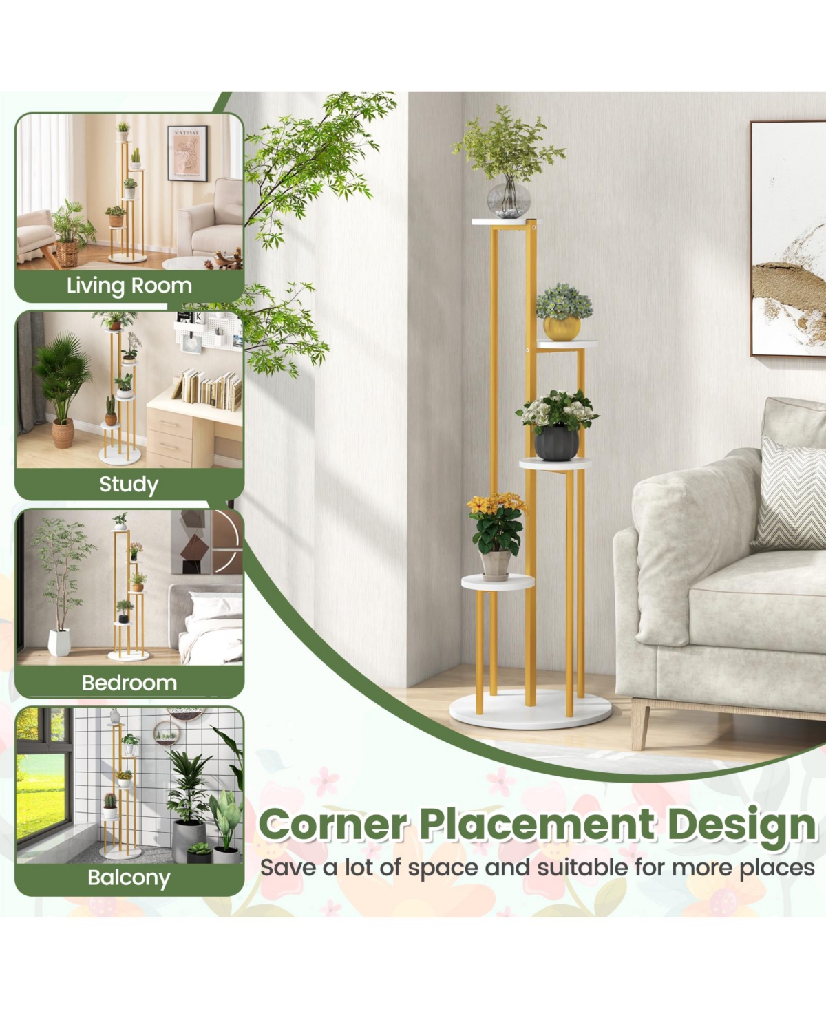 Sugift Indoor Metal Plant Stand Corner Plant Shelf for Potted Plant with Golden Metal Frame-White