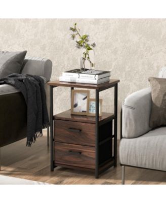 3-Tier Retro Nightstand with 2 Removable Fabric Drawers and Open Shelf-Walnut