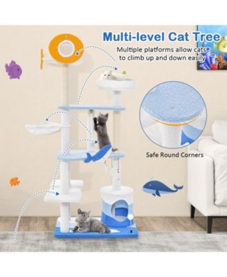 Multi-level Ocean-themed Cat Tree Tower with Sisal Covered Scratching Posts-Blue