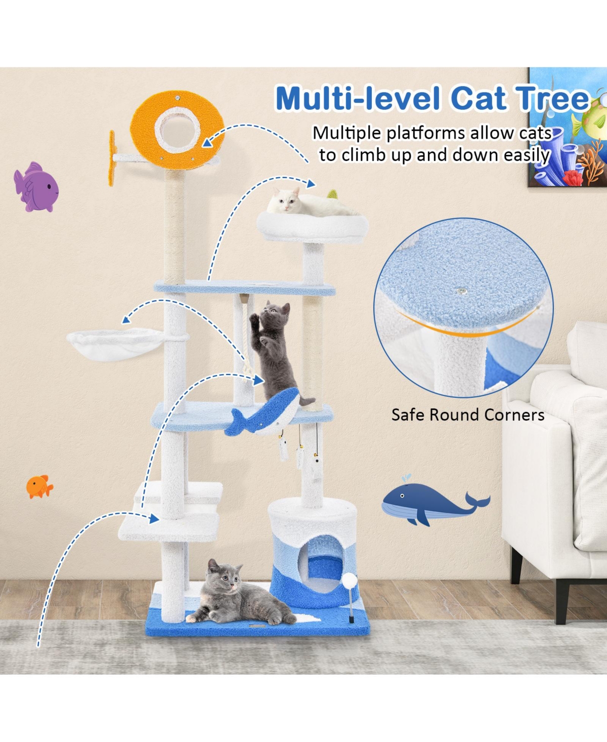 Skonyon Multi-level Ocean-themed Cat Tree Tower with Sisal Covered Scratching Posts- Blue
