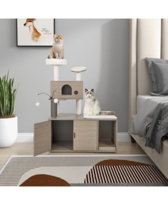 2-in-1 Modern Cat Tower with Litter Box Enclosure for Indoor Cars-Gray