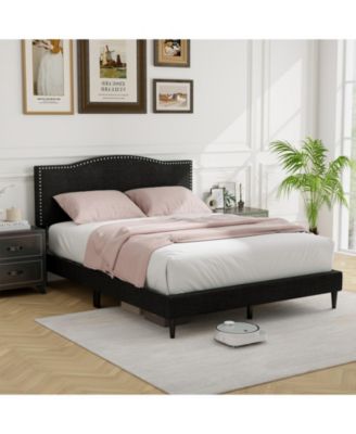 Queen Size Upholstered Bed Frame with Nailhead Trim Headboard-Queen Size