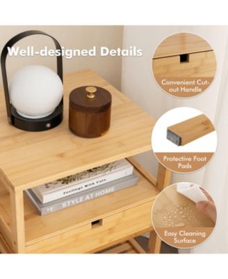 Nightstand Set of 2 Bamboo End Table with 2 Open Shelves and Drawer-Set of 2