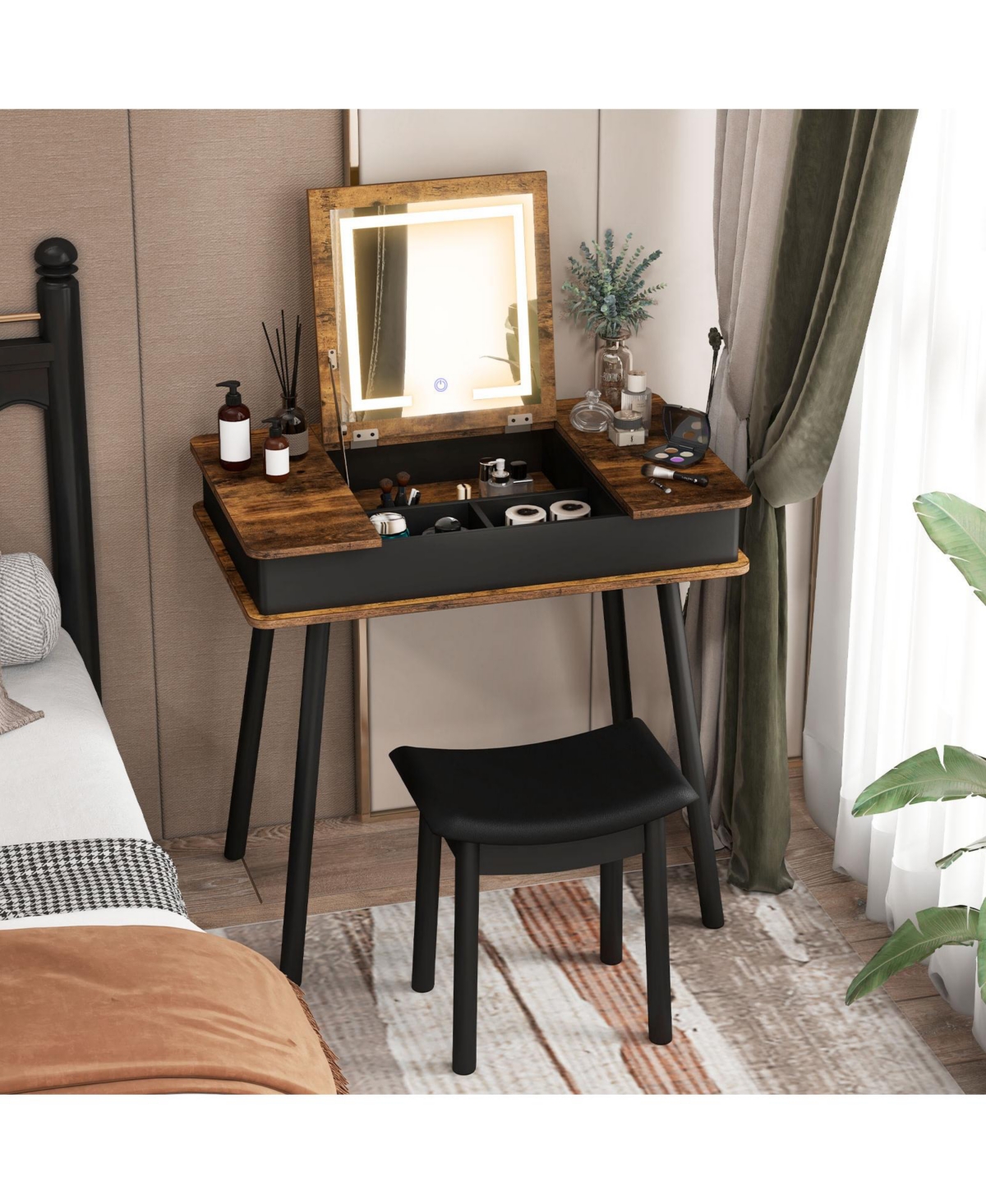 Skonyon Vanity Table Set with Flip Top Mirror Lights Usb Writing Desk and Stool-Brown