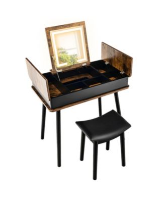 Vanity Table Set with Flip Top Mirror Lights USB Writing Desk and Stool-Brown