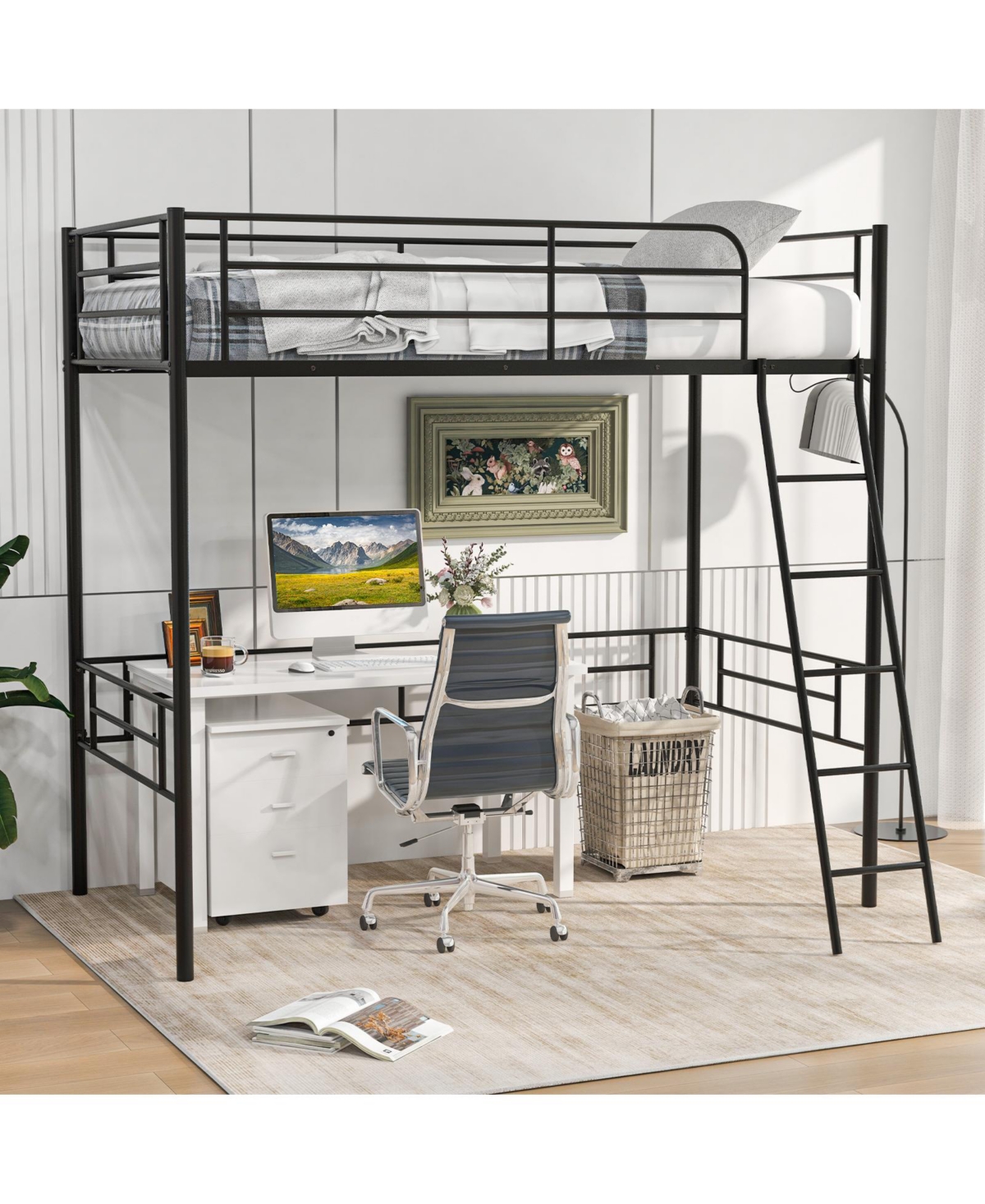 Skonyon Twin Metal Loft Bed Frame with Ladder and Metal Slats Support-Black