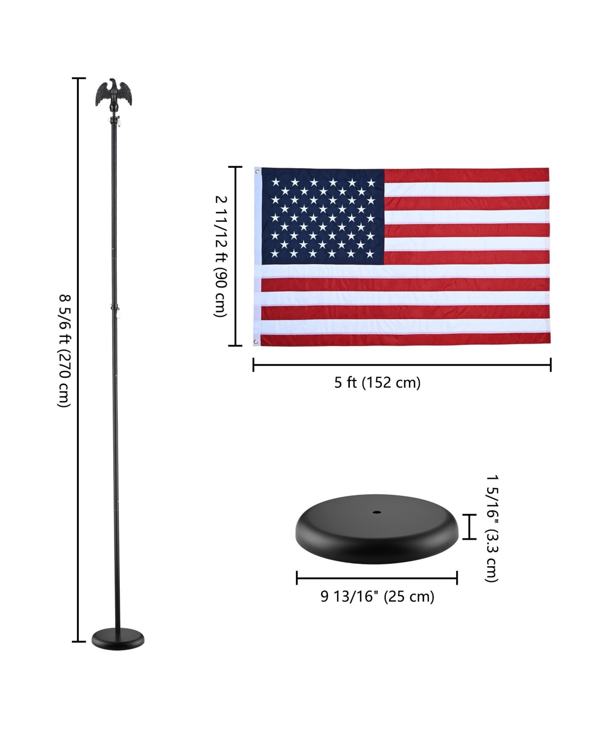Yescom Ft Sectional Indoor Flag Pole Kit Eagle Topper Aluminum 3x5 Ft Us Flag & Base