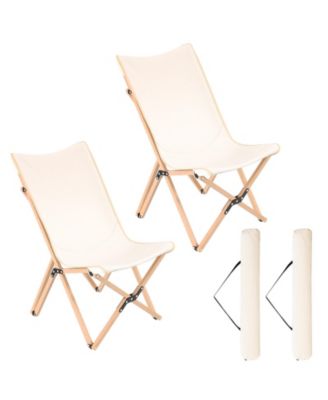 Set of 2 Bamboo Dorm Chair with Storage Pocket for Camping and Fishing-Beige