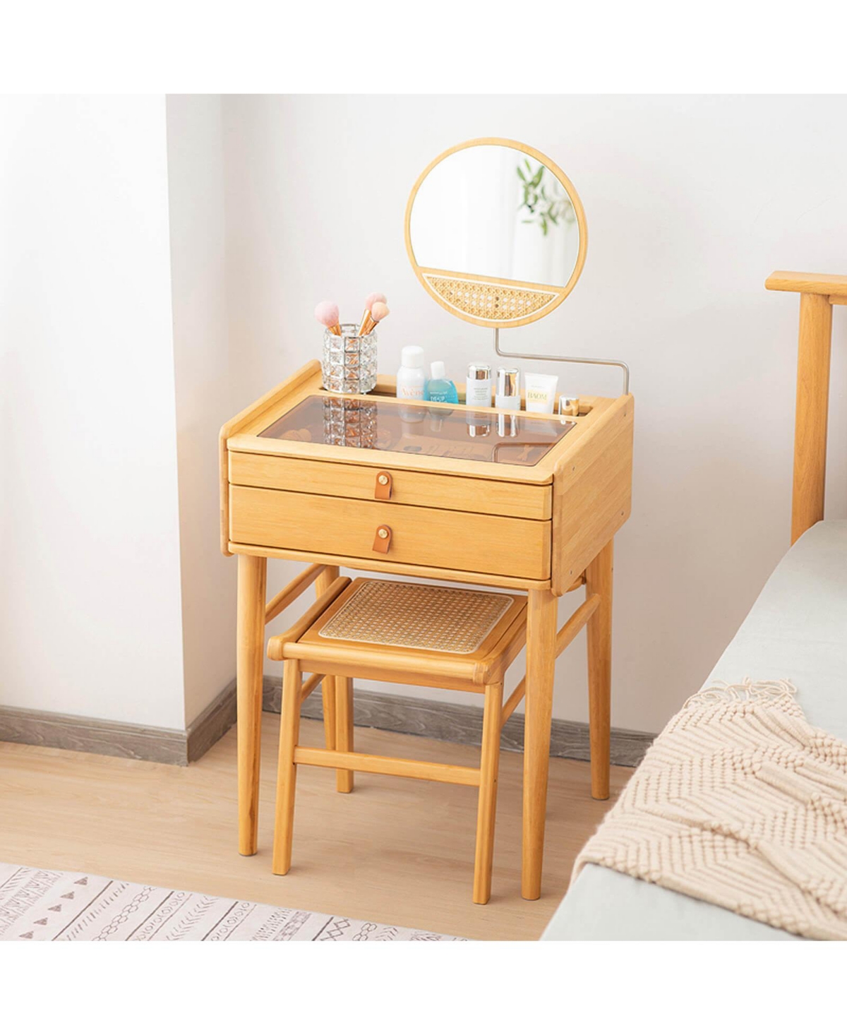 Sugift Bamboo Makeup Vanity Table with Stool and Rotating Mirror