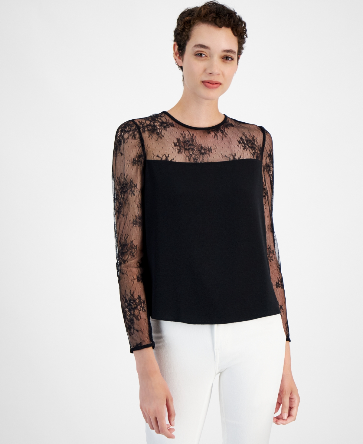Women's Bettina Lace-Trim Crewneck Top - Black