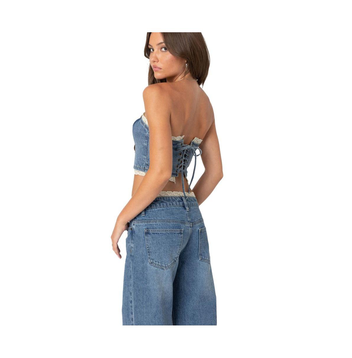 Edikted Women's Karlie Lace Trim Denim Tube Top