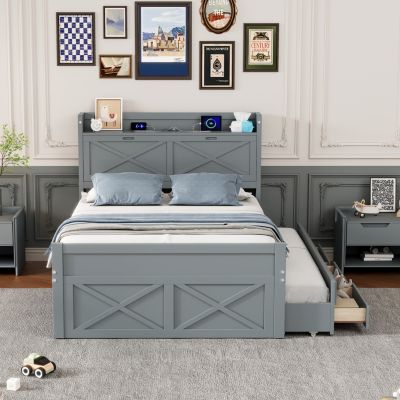 Full Size Wooden Storage Bed with Twin Trundle and Outlets