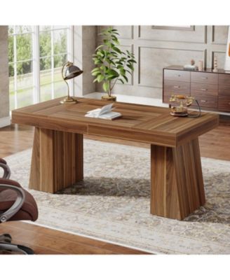 55 Inches Executive Desk, Mid-Century Modern Home Office Desk with Double Trapezoid Base, Wood Computer Desk Business Workstation Desk