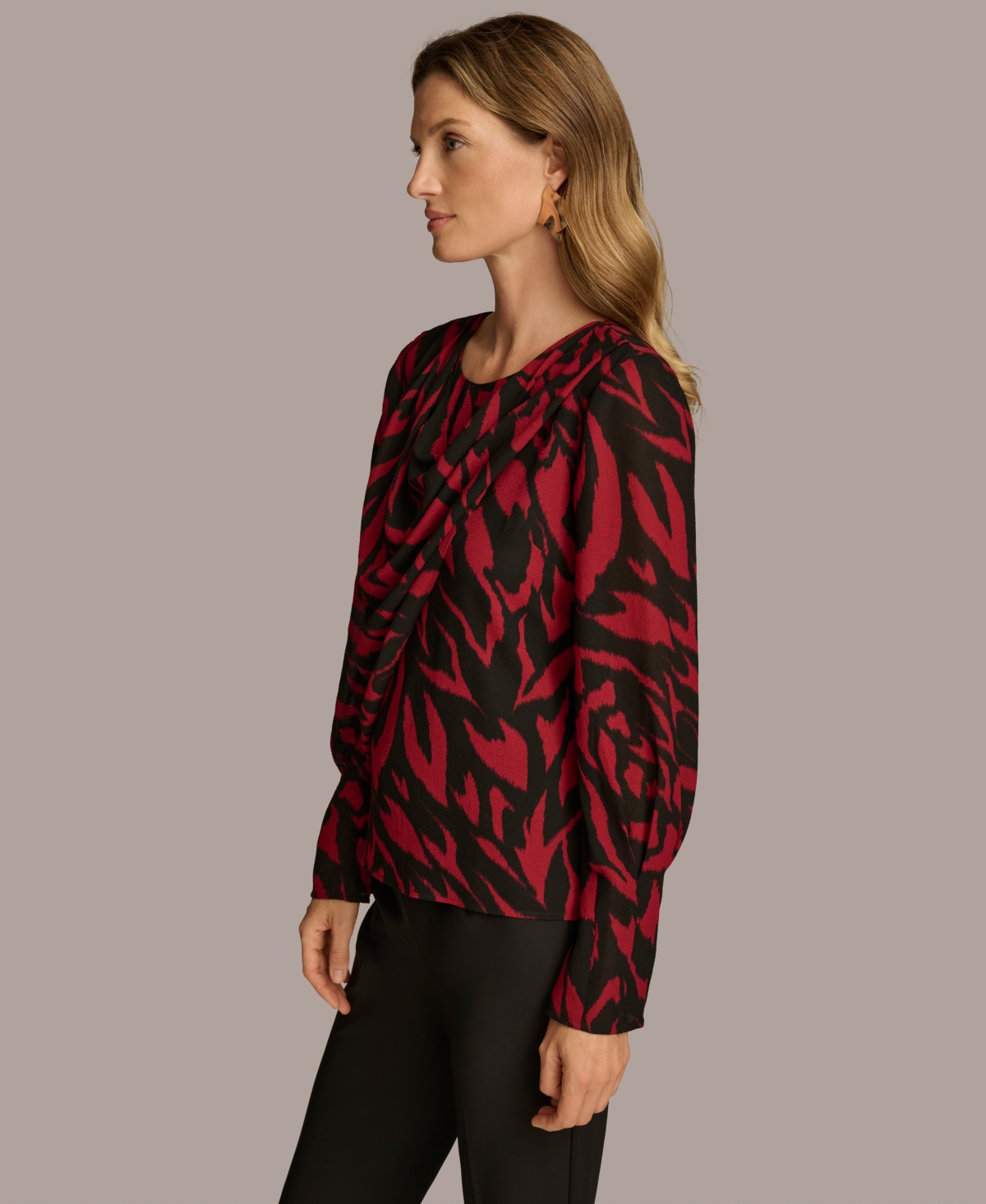 Donna Karan New York Women's Printed Drape-Front Top -Black Multi