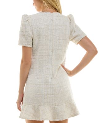 Juniors' Puff-Sleeve Ruffle Hem A-Line Tweed Dress