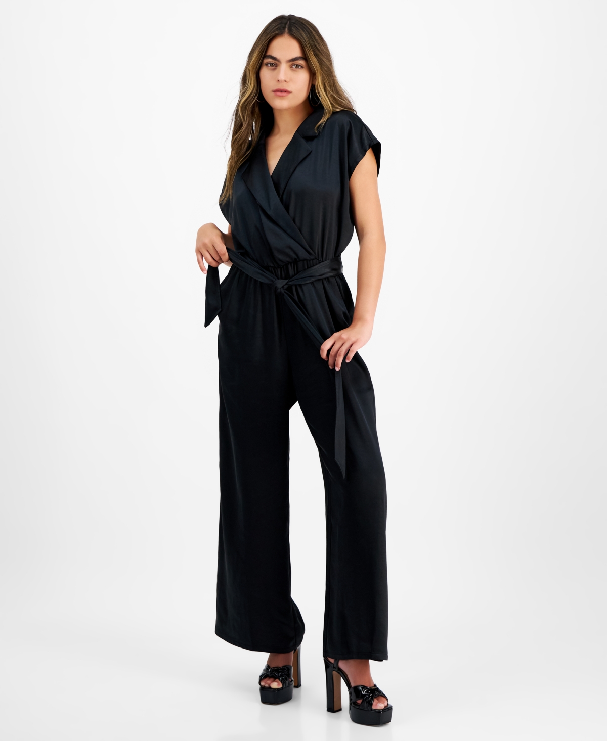 Bar Iii Petite Crossover front Belted Cap sleeve Jumpsuit Created For Macy s In Deep Black ModeSens