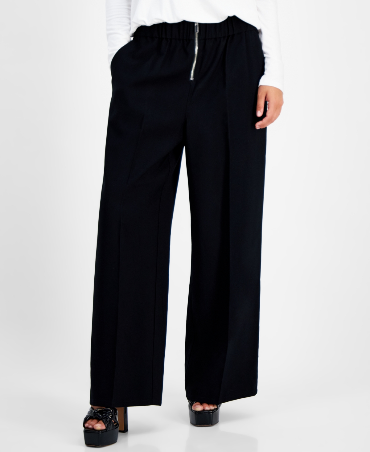 BAR III PETITE ZIP-FRONT HIGH RISE WIDE-LEG PANTS, CREATED FOR MACY'S 