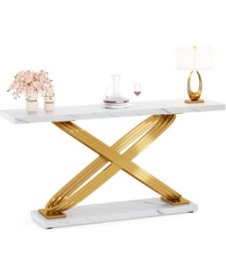 55 Inch Modern Console Table, Faux Marble Gold Entryway Table Behind Sofa Couch, Narrow Rectangular Sofa Table for Living Room, Bedroom, Front Hall, Hallway, Gold & White