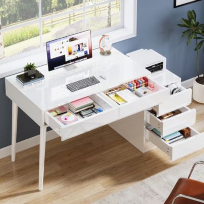 5-Drawer Wood Reversible Computer Desk – Modern Home Office Desk with Storage Drawers & Printer Stand, Vanity Writing Table