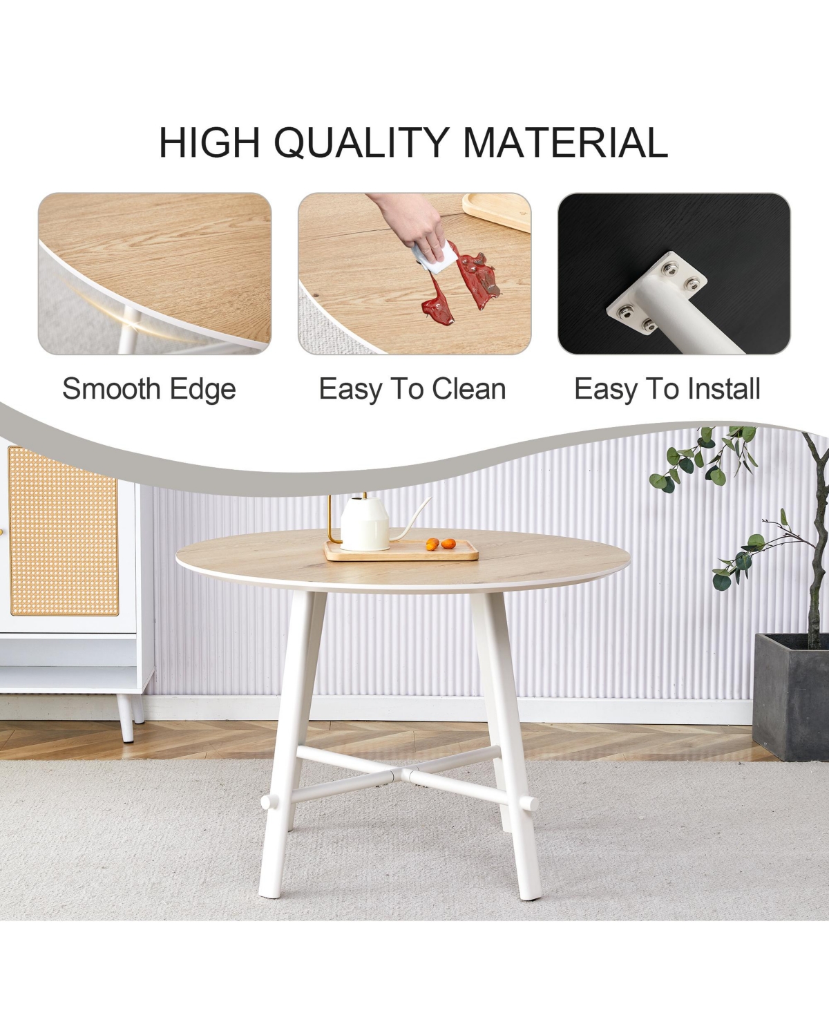 Streamdale Furniture Modern Circular Dining Table: Wood Top, White Legs - Brown+white