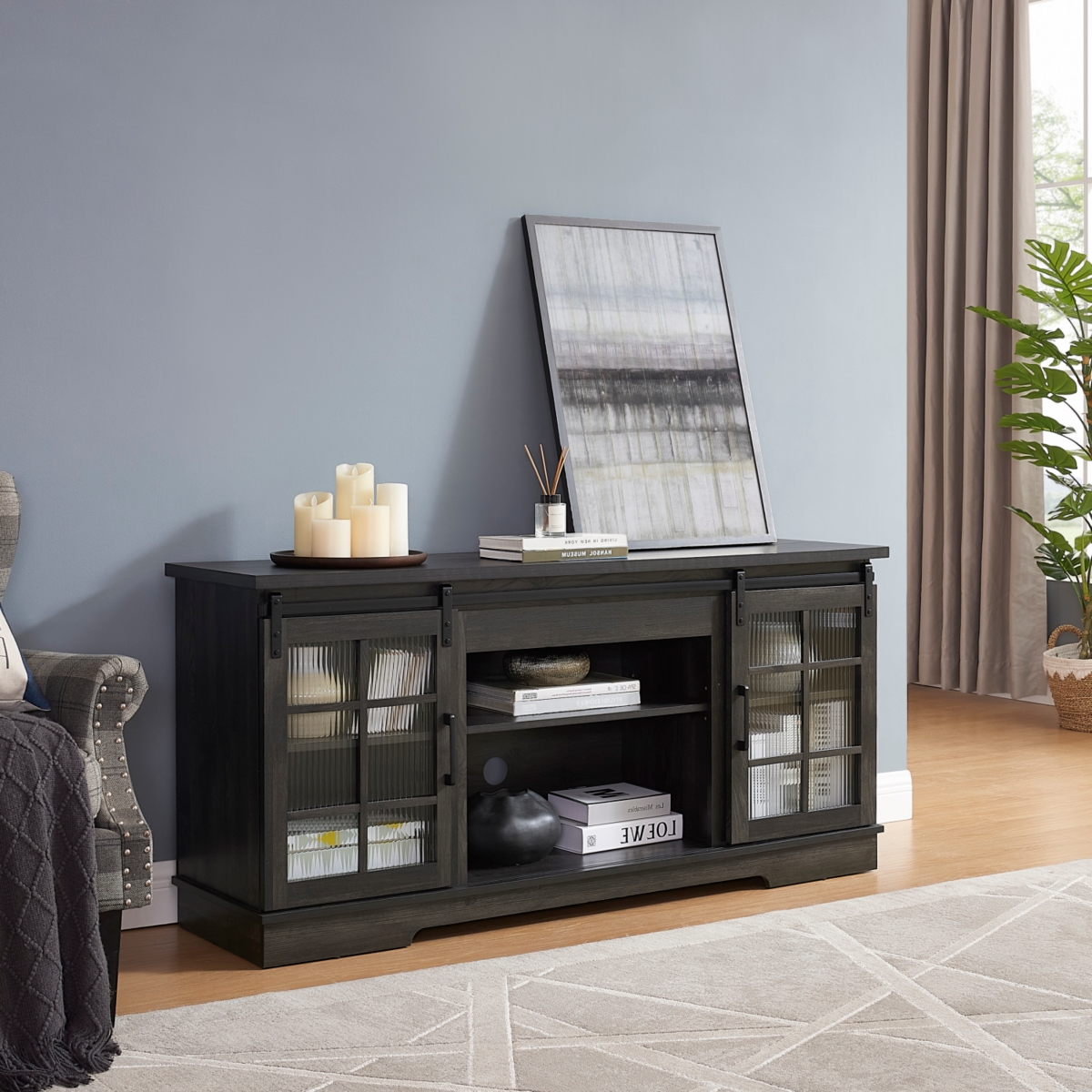 Sliding Door Tv Stand with Sliding Glass Doors, Charcoal Grey