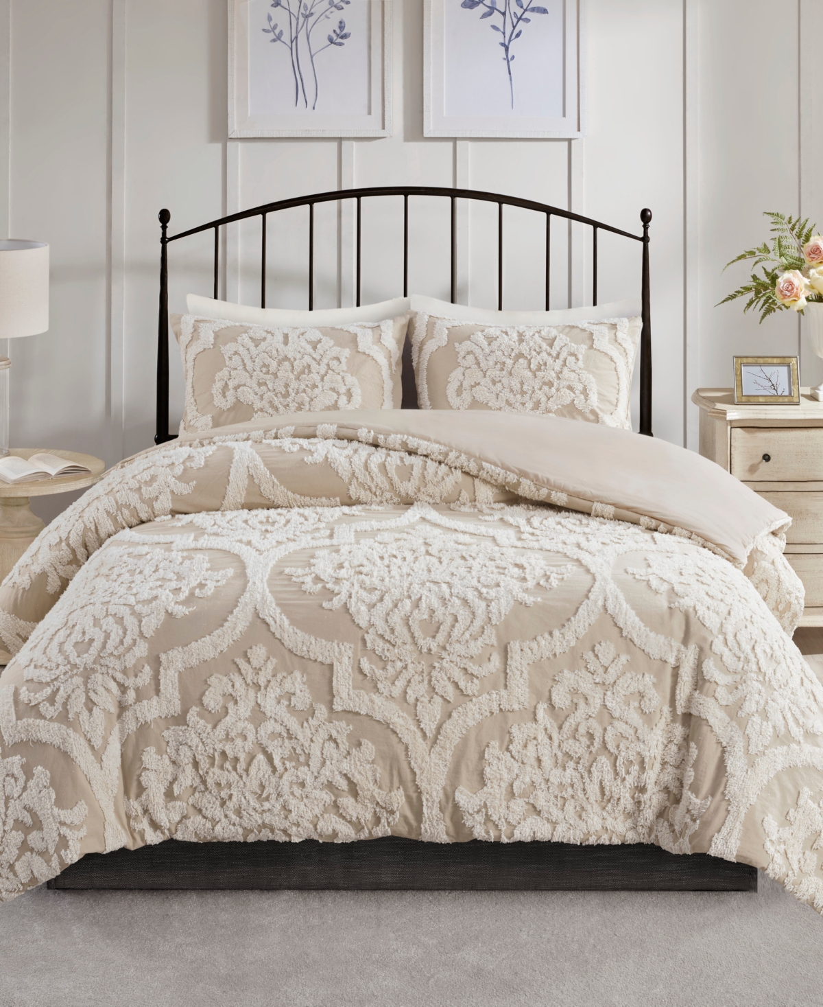 Madison Park Viola Damask Tufted 3-pc. Duvet Cover Set, King/california King In Taupe