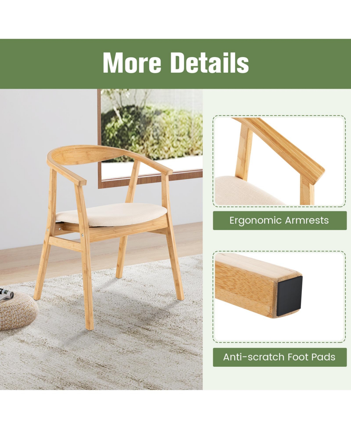 Skonyon Bamboo Accent Chair with Armrest and Curved Backrest-Natural