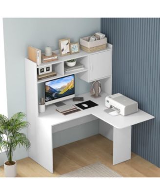 L-Shaped Desk Corner Computer Desk with Open Storage Hutch and Cabinet-White