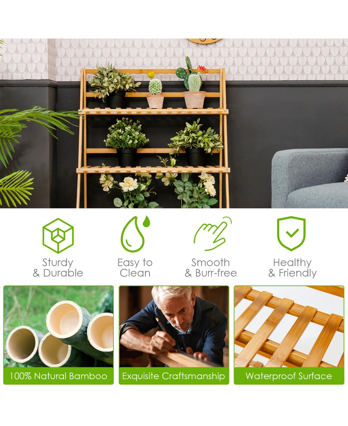 Costway 3 Tier Outdoor Bamboo Flower Pot Shelf Stand Folding Display Rack Garden Yard