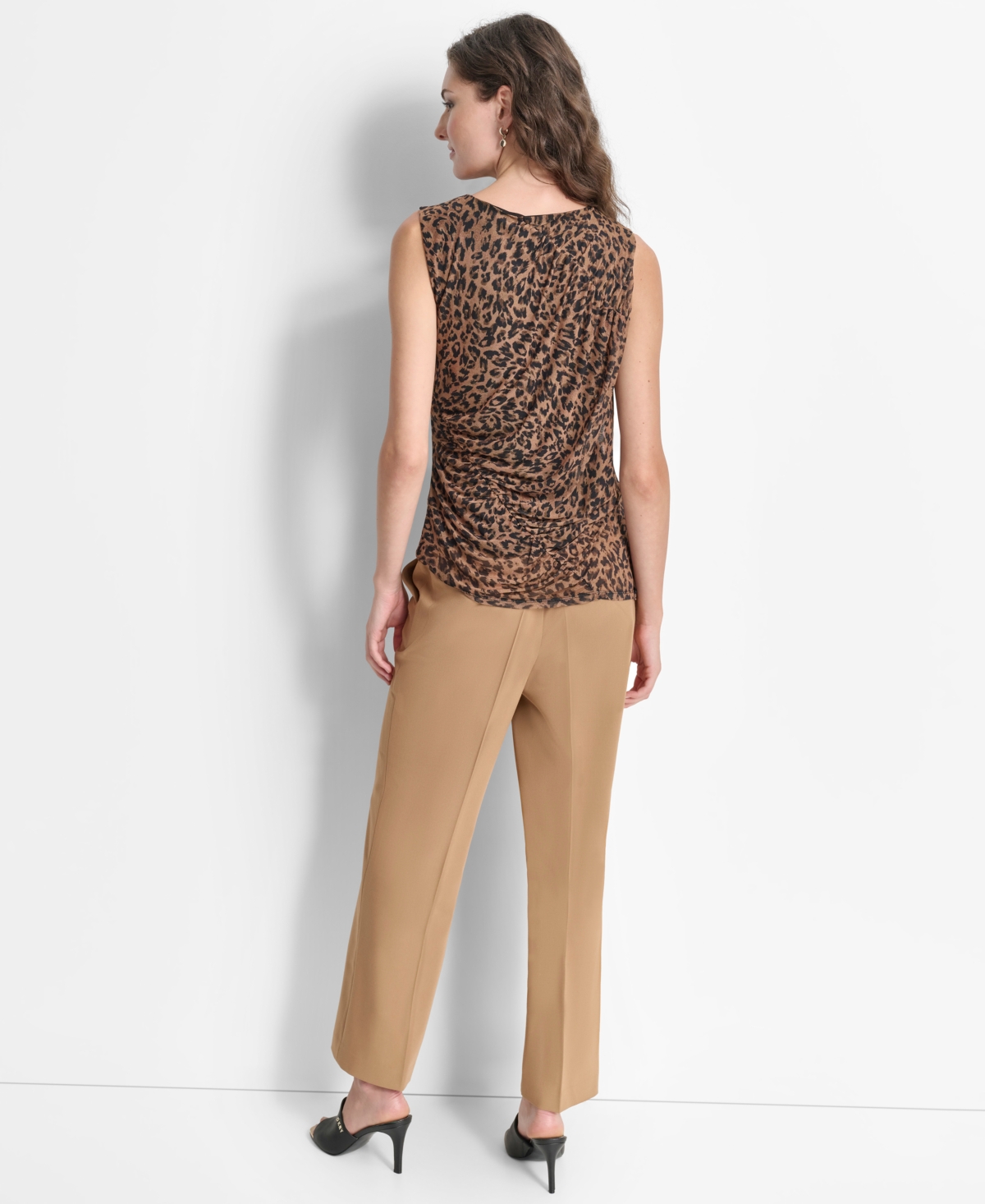 Dkny Petite Sleeveless Ruched Cheetah-Print Top