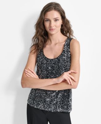Women's Sequin Scoop Neck Straps Plus Size Tank Blouse Top - Black