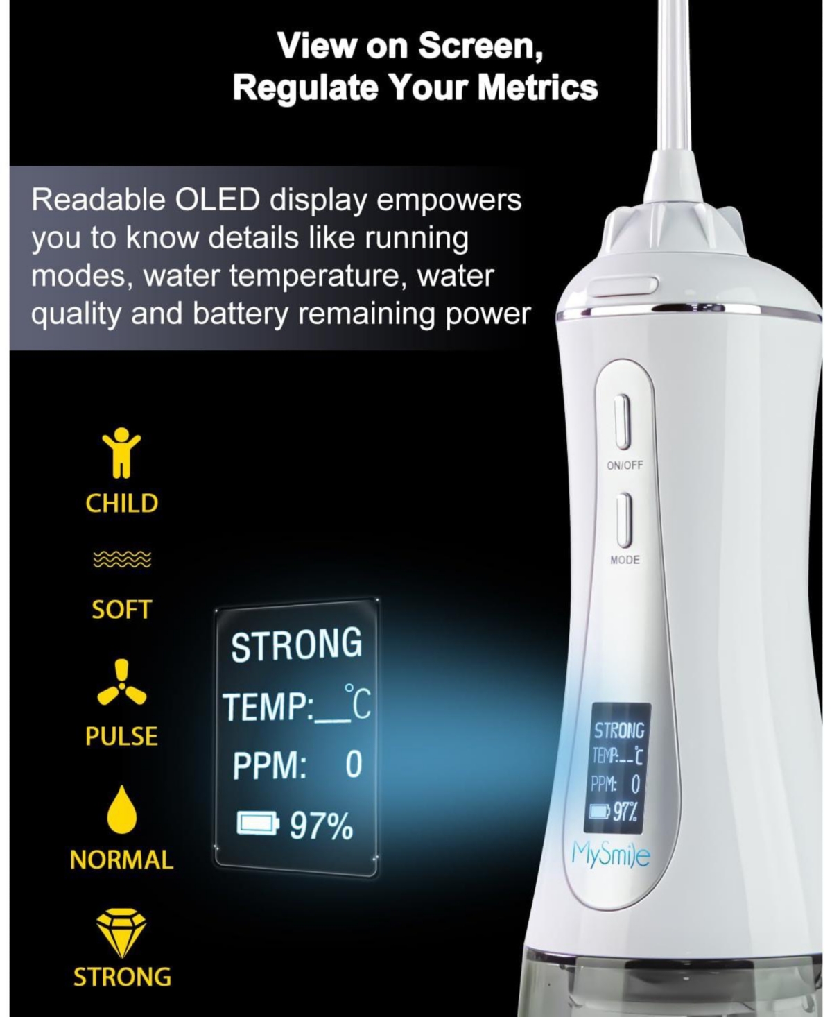 MySmile Powerful Cordless 350ML Water Dental Flosser Portable Oled Display Oral Irrigator with 5 Pressure Modes 8 Replaceable Jet Tips and Storage Bag