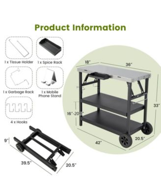3 Tiers Foldable Outdoor Cart on 2 Wheels with Phone Holder-Black