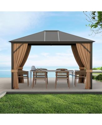 12 x10 Feet Outdoor Hardtop Gazebo with Galvanized Steel Top and Netting-Brown