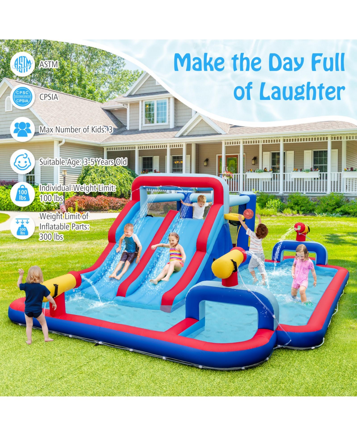 Vebreda Inflatable Bounce House with 2 Water Slides and 3 Water Cannons With 680W Blower