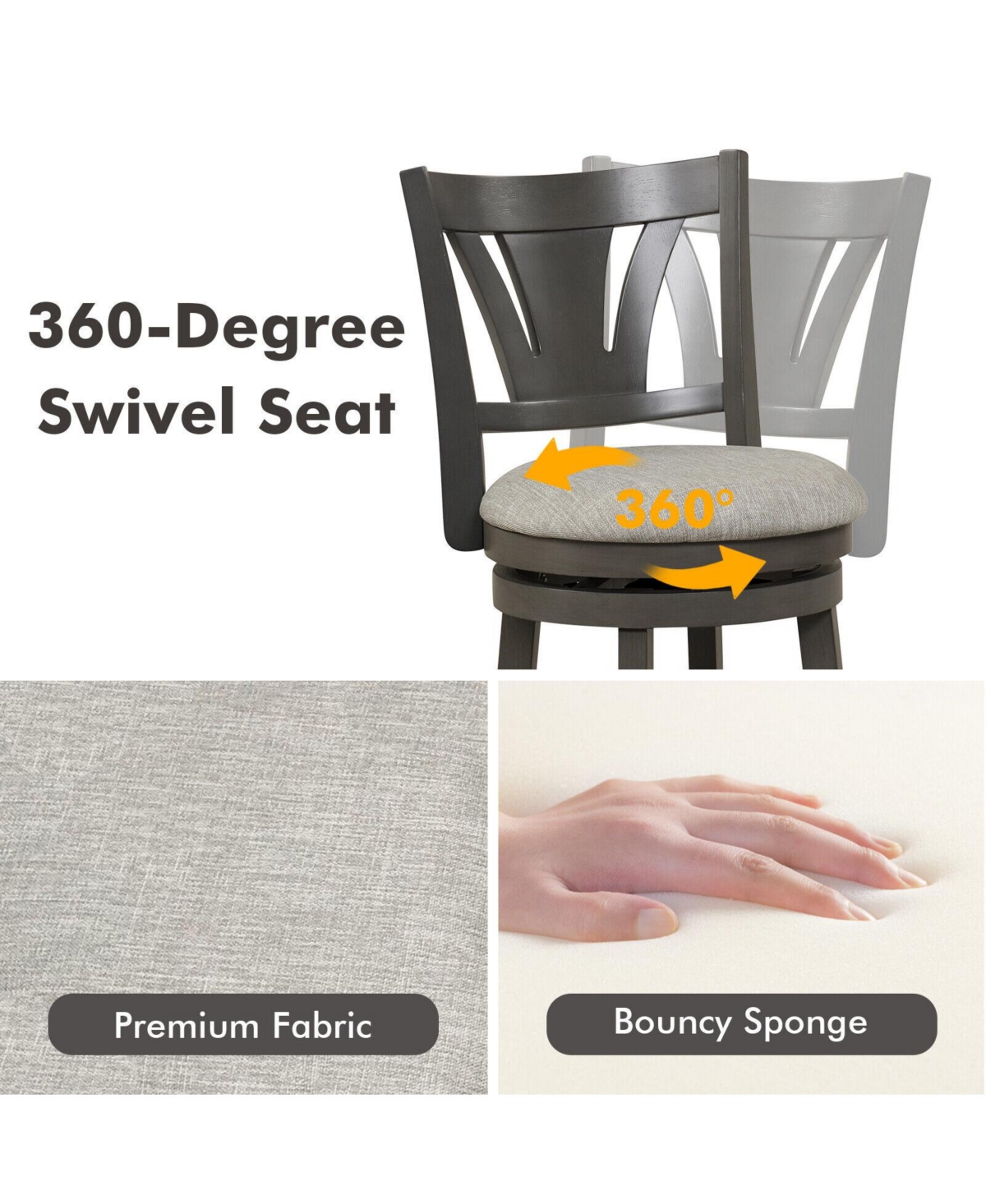 Sugift Inch Swivel Bar Stool with Backrest Soft Cushioned Seat and Footrest Gray-26.5 inches