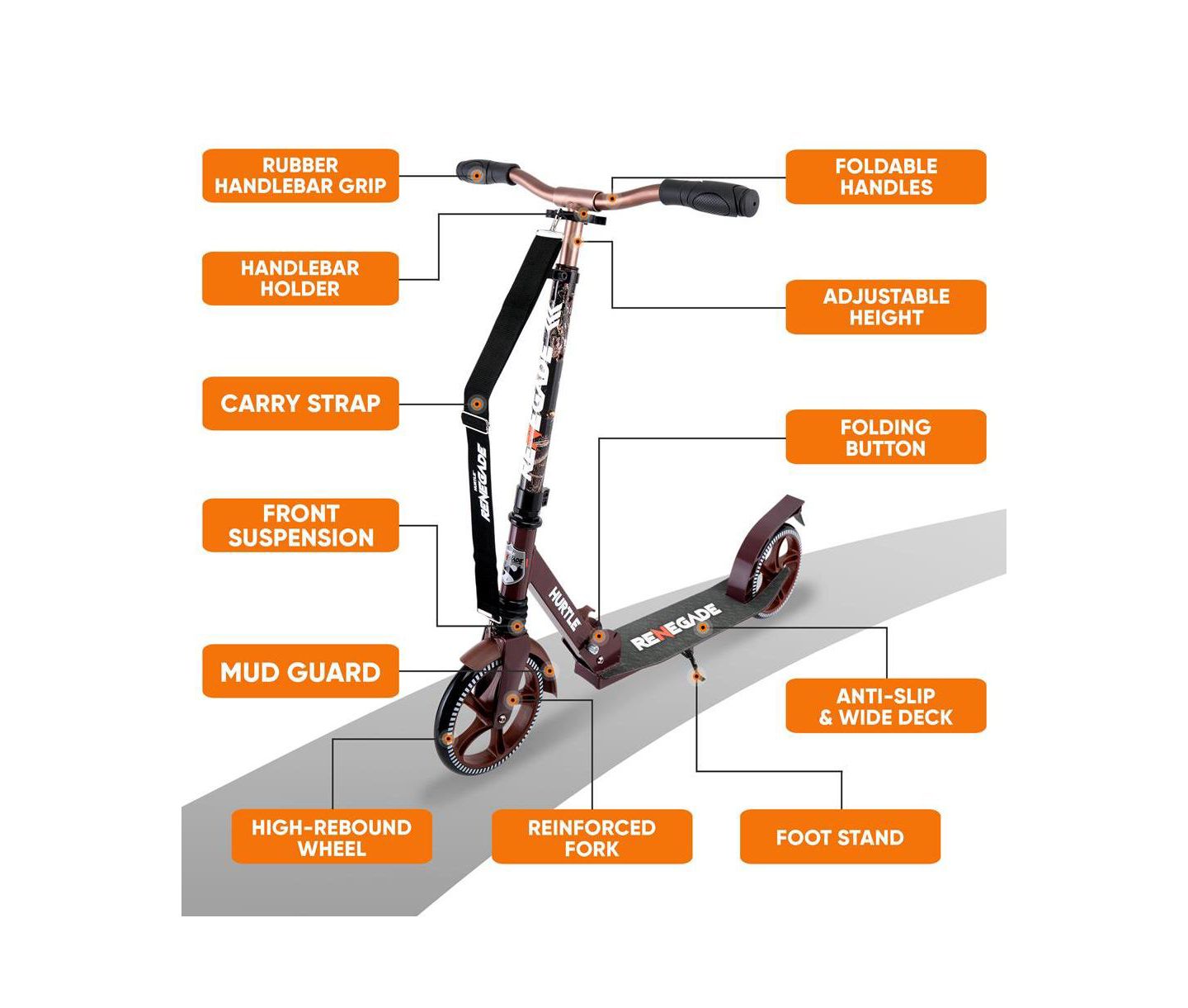 Детская игрушка Hurtle Renegade Aluminum Alloy Foldable Lightweight Kick Scooter, 220 LB Capacity, Ages 8+ — фото 5