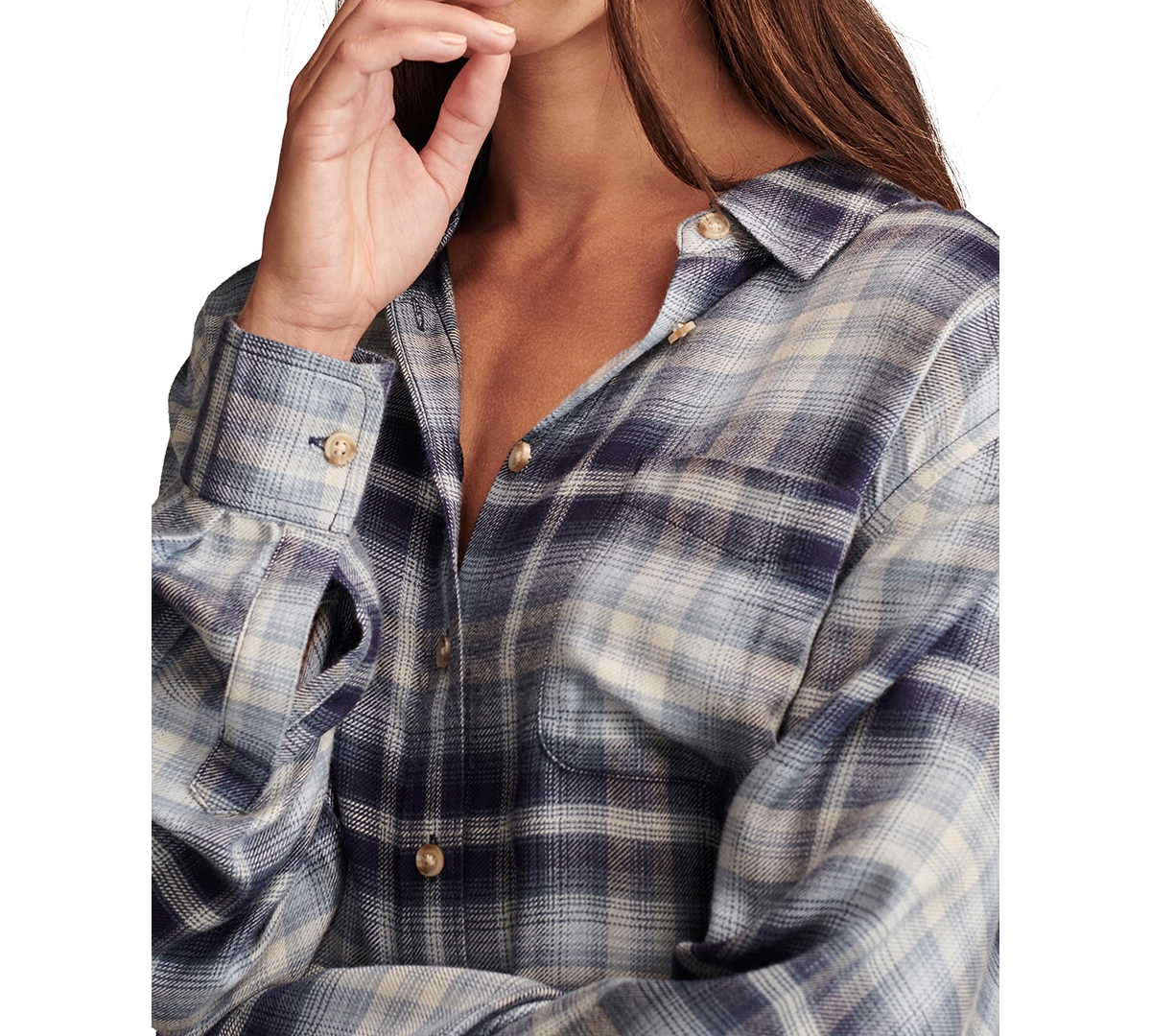 Lucky Brand Women's Cloud Plaid Boyfriend Shirt - Navy And Light Blue Plaid