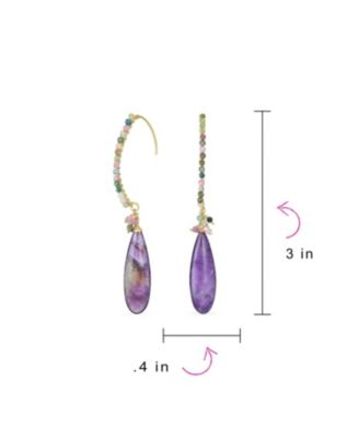 Boho Wire Wrap Cluster Bead Accent Elongated Fish Hook Long Teardrop Chandelier Dangle Earrings Gold Plated