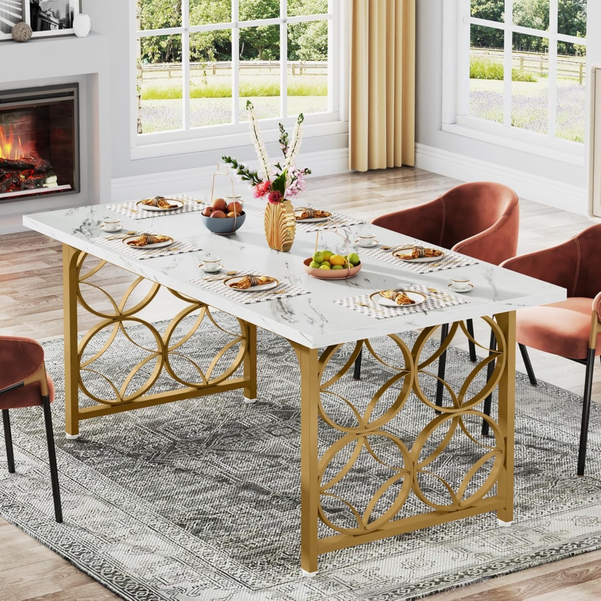 Tribesigns Dining Table, 63-inch Modern Marble Dining Room Table for 6 People, Rectangular Kitchen Table (White and Gold)