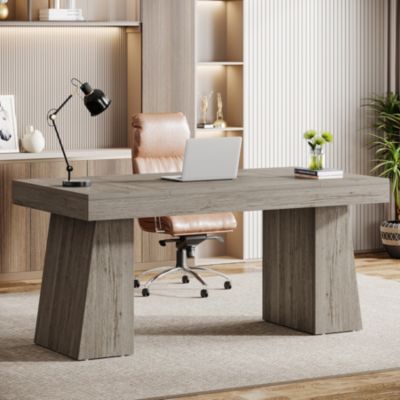 55" MDF Executive Desk with Dual Trapezoid Base Mid-Century Modern Home Office Workstation Desk