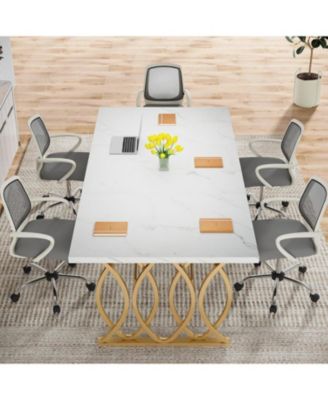 Modern Dining Table, 63" Large Kitchen Table for 4-6 People, Unique Rectangular Dinner Table Kitchen & Dining Room Furniture with Faux Marble Tabletop and Geometric Legs