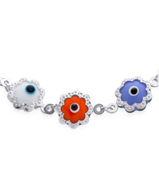 Protection Amulet Turkish Multi Color Charm Floral Round Flower Frame Evil Eyes Bracelet Sterling Silver 7.5 Inch